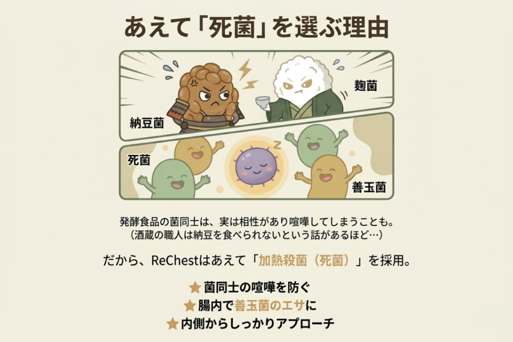 腸内環境を整える善玉菌のエサとなり、菌同士の相性(喧嘩)を防ぐ『加熱殺菌菌(死菌)』のメリットを解説。生きた菌よりも効率的に内側からアプローチする、サプリメント リチェストのこだわりを紹介
