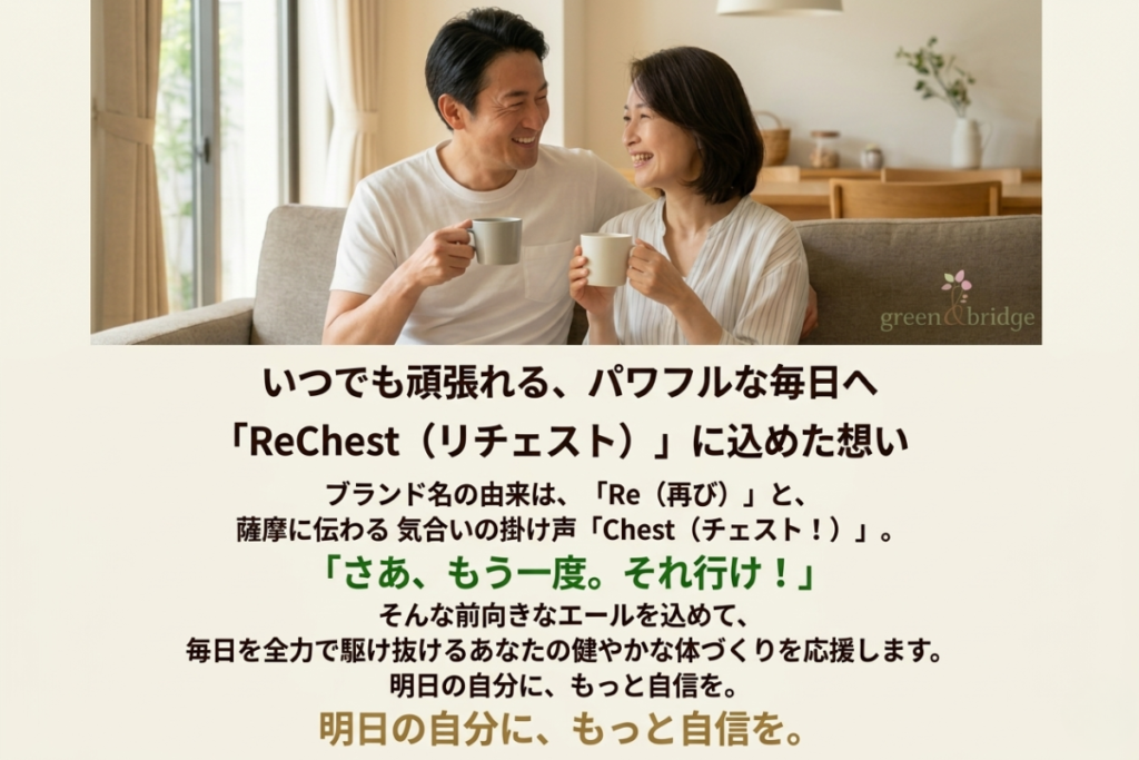 「ReChest(リチェスト)」ブランド名の由来と想い。鹿児島・薩摩の掛け声「チェスト」に「再び(Re)」を込めた、健やかな毎日を応援するサプリメント。