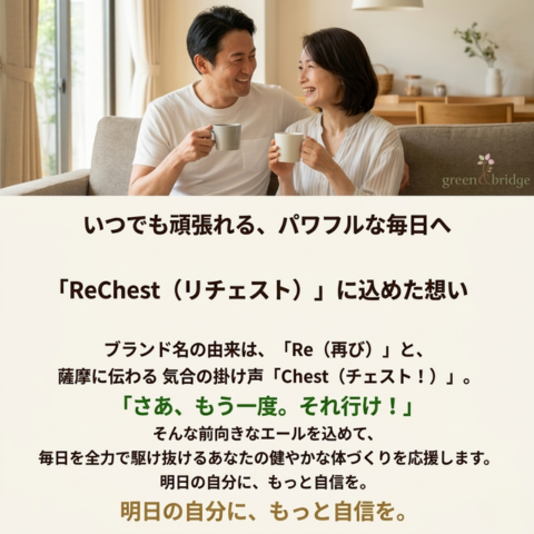 「ReChest(リチェスト)」ブランド名の由来と想い。鹿児島・薩摩の掛け声「チェスト」に「再び(Re)」を込めた、健やかな毎日を応援するサプリメント。